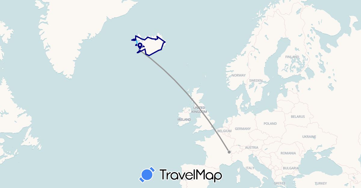 TravelMap itinerary: driving, plane, boat in Switzerland, Iceland (Europe)